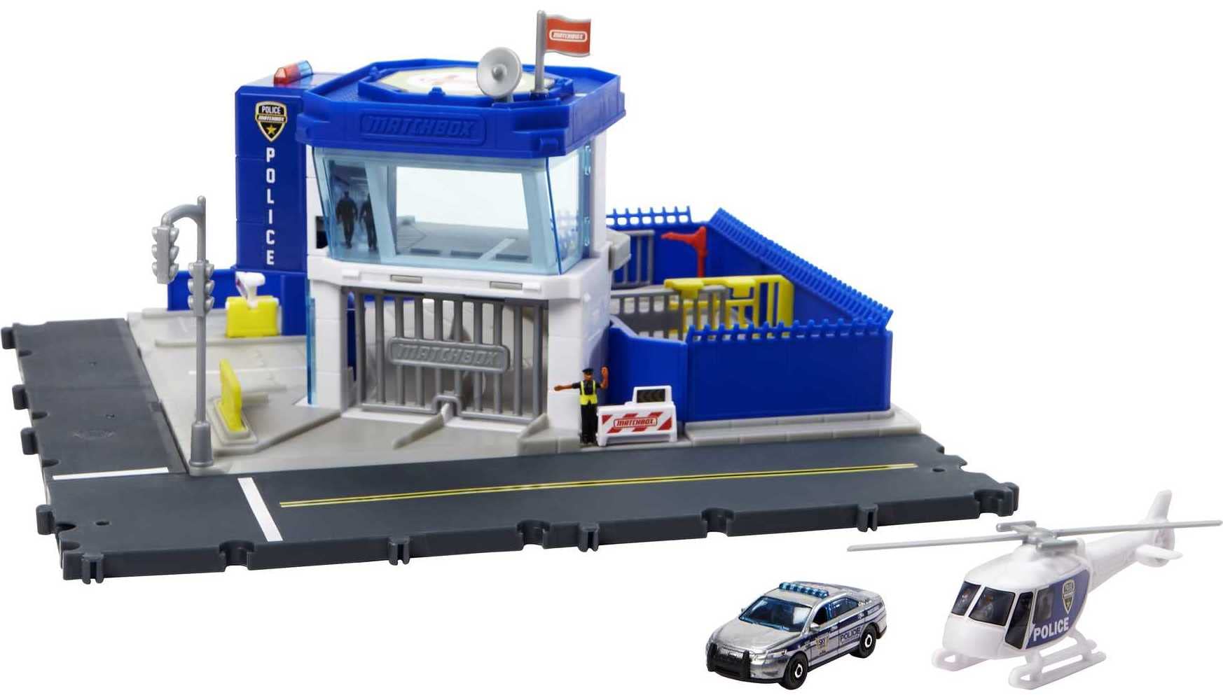 Matchbox Action Drivers Police Station Dispatch Playset with 1 Helicopter & 1 Ford Police Car, with Lights & Sounds $9