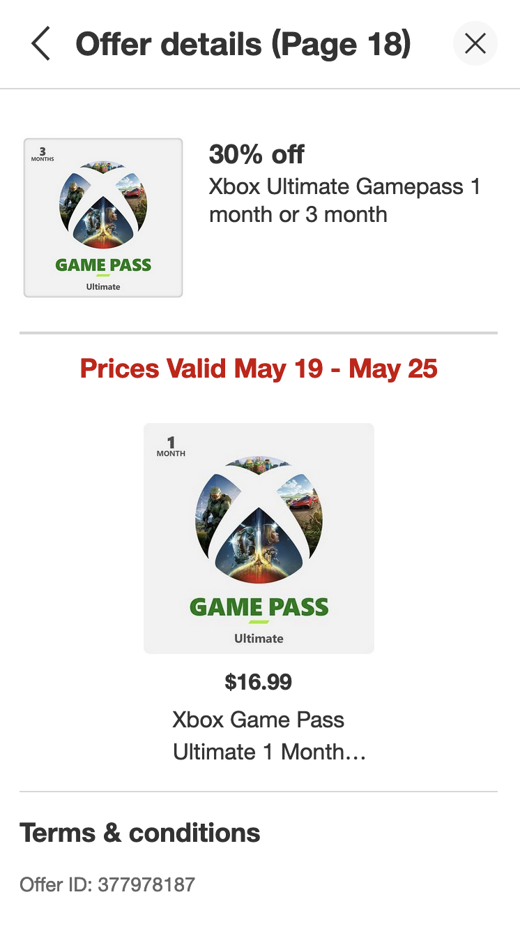 (Valid May 19-25) 30% off Xbox GamePass Ultimate Codes at Target