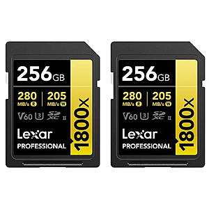 Lexar GOLD Series Professional 1800x UHS-II SDXC Memory 256GB 2-Pack Card for $180 at Adorama