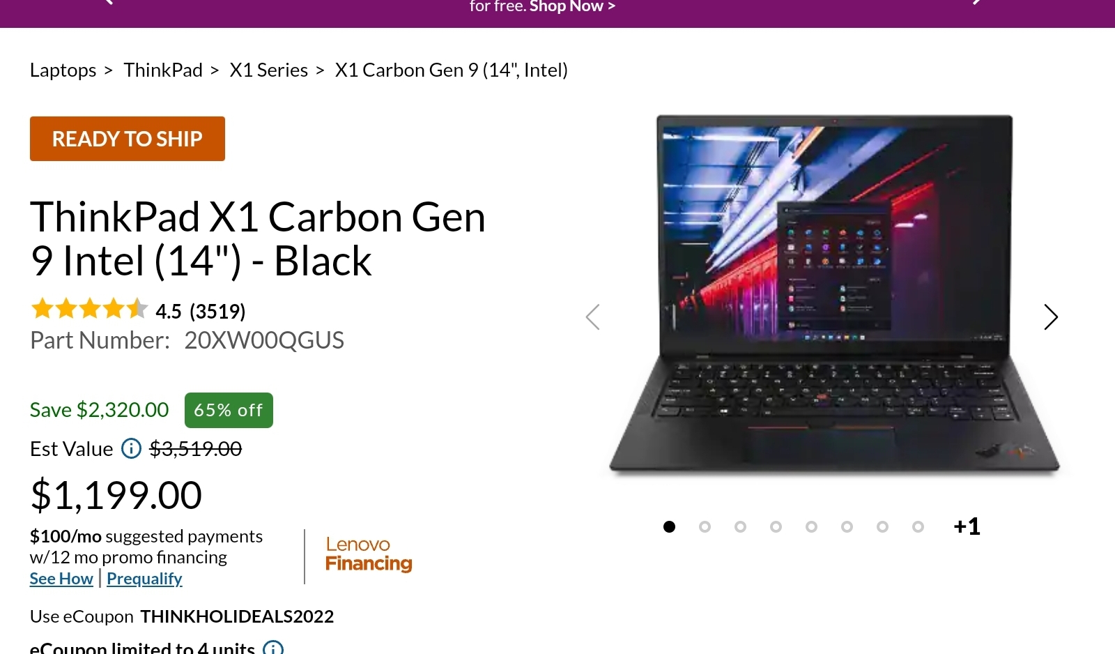 ThinkPad X1 Carbon Gen 9 Intel (14") - Black 4.5 (3519) Part Number:   20XW00QGUS $1199