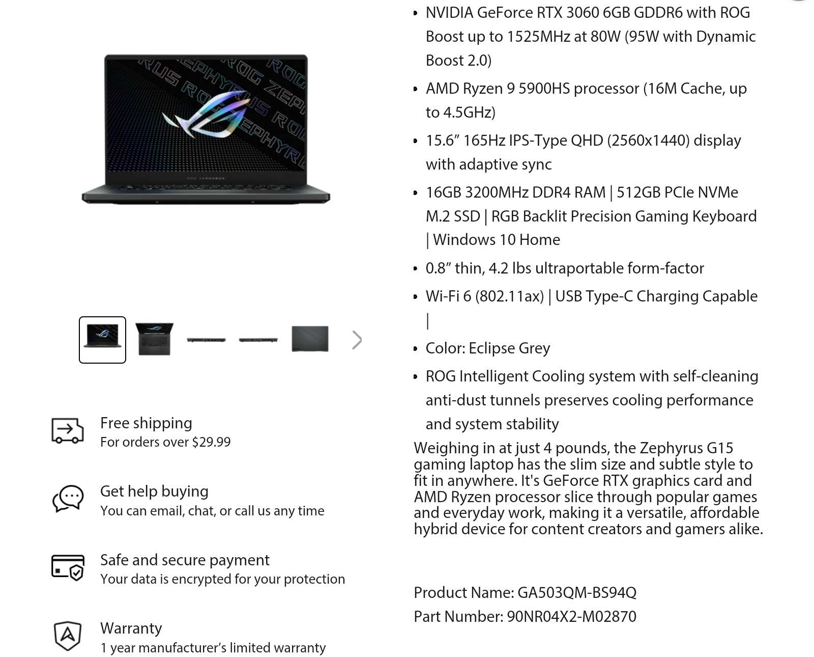 Asus rog zephyrus g15 amd ryzen 9 5900hs 3 ghz win 10 home gf