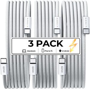 LISEN 3-Pack 6.6ft Cable USB-C to USB-C Certified 60W $5 shipped Amazon Prime at B King via Amazon