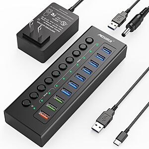 Powered Aluminum 10-Port USB Hub (7× 3.2 + 3× Fast Charging) 36W Power Adapter Individual ON/OFF Switch w/ 2× 3.3ft Cable $20 shipped Amazon Prime