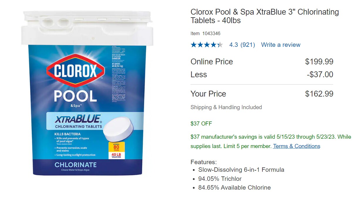 HTH Chlorine Tablets 3" 129.99 YMMV at Costco