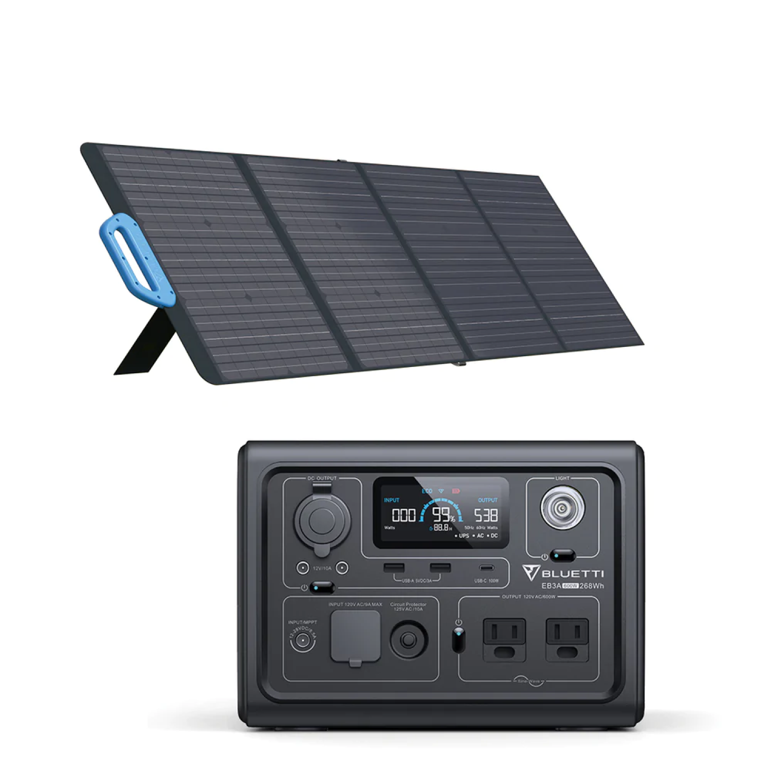 BLUETTI 268Wh Solar Generator EB3A w/ 2 600W AC Outlets + 120W PV120 ...