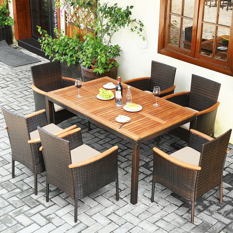 7-Piece Costway Rattan Patio Dining Set w/ Acacia Wood Top Table $459 + Free Shipping