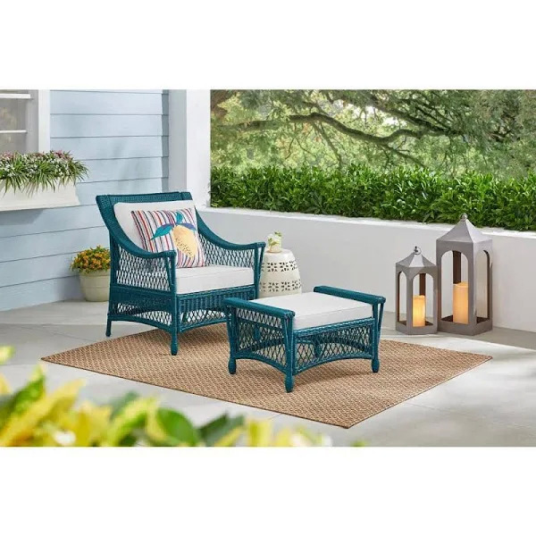 Hampton Bay Seaward Resin Wicker Outdoor Lounge Chair & Ottoman w/ White Cushions  $199