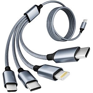 5' 4-in-1 Mpatiby USB-C Charging Cable w/ Dual USB-C, Lightning & Micro USB Ports