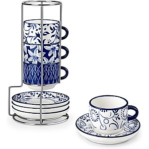 4-Ct 2.5-Oz vancasso Porcelain Stackable Cups & Saucers Set w/ Stand