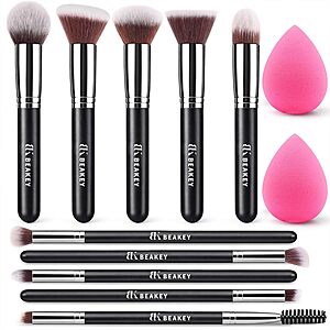 12-Pc BEAKEY Makeup Brush Set w/ 10 Face & Eye Brushes & 2 Blending Sponges