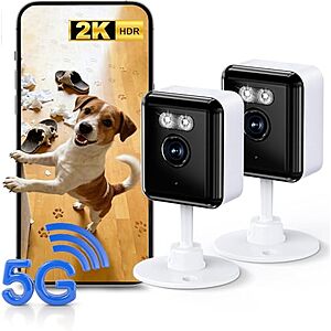 2-Pk Gianteye 2K Dual-Band WiFi Indoor Security Camera w/ Color Night Vision