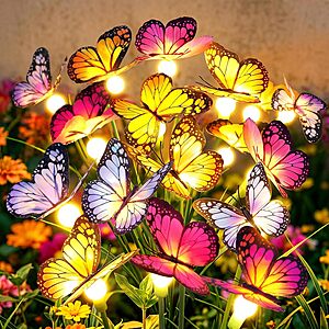 2-Pk BONLION Solar Swaying Butterfly Garden Stake Lights w/ Dusk-to-Dawn Sensor