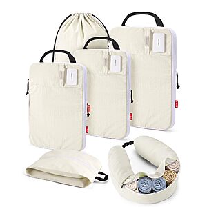 6-Pc BAGSMART Compression Packing Cubes w/ Fillable Neck Pillow (Light Beige)