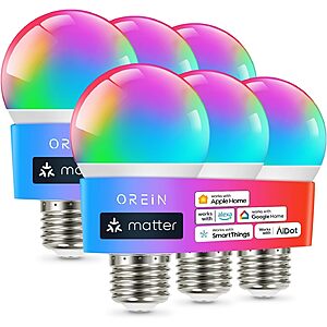 6-pk OREiN Matter A19 RGBTW Color Changing Smart LED Light Bulbs