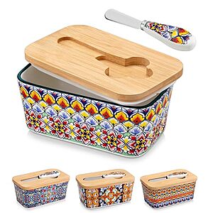 6.5" Vancasso Ceramic Butter Dish w/ Bamboo Lid & Butter Knife (Various)