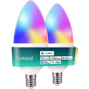 2-Pk Linkind Matter Smart Color-Changing B11 E12 Candelabra LED Light Bulbs