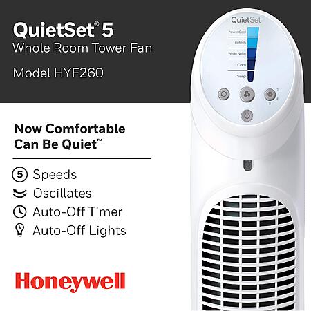 Honeywell Quiet Set Whole Room Tower Fan (White, HYF260) $45.59 + Free Shipping