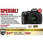 Pentax K-50 Digital Camera with 18-55mm Zoom Lens and Flash for $249 After Rebate