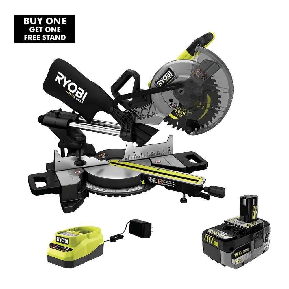YMMV pickup only at HD: Ryobi PBLMS01K ONE+ HP 18V Brushless 10 in. Sliding Compound Miter saw with 4.0 Ah HP Battery + stand. (hackable $162 for saw only) - $269