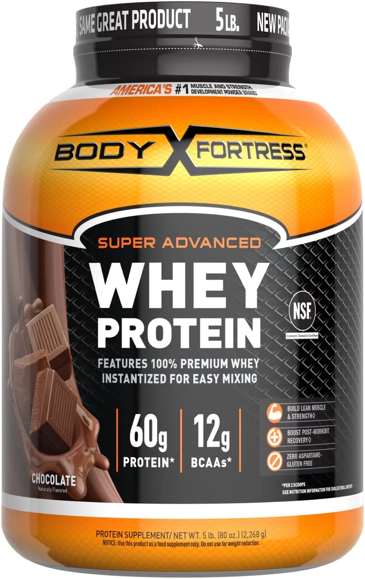 Body Fortress Whey Protein Powder, 60g Protein and 12g BCAA's (per 2 scoops), Chocolate, 5 Lb.  - $30.59