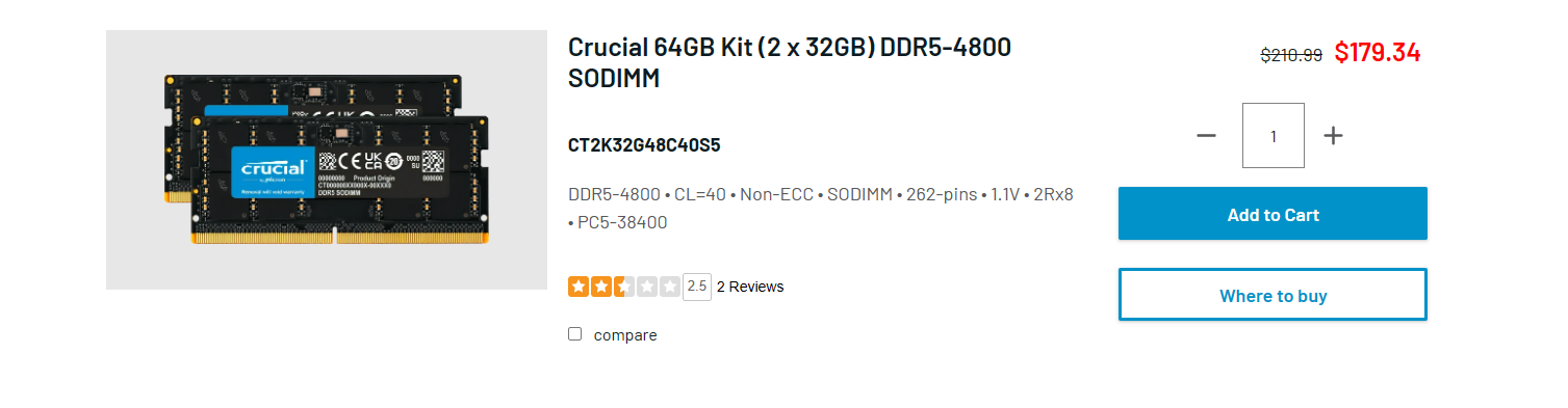 Crucial RAM 64GB Kit (2x32GB) DDR5 4800 MHz CL40 Laptop Memory - 179$