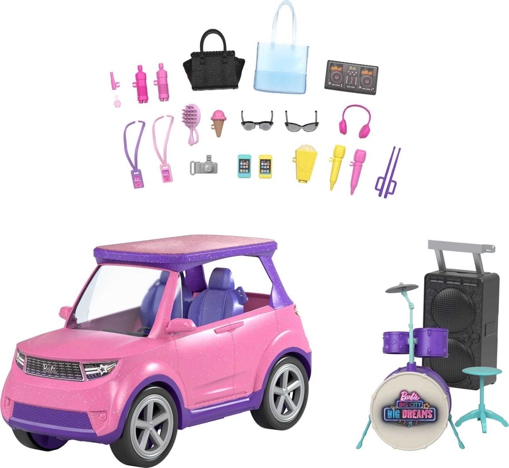 Barbie Big City Big Dreams Vehicle, Transforming Pink & Purple Car with Drum Kit & Accessories - $20.09