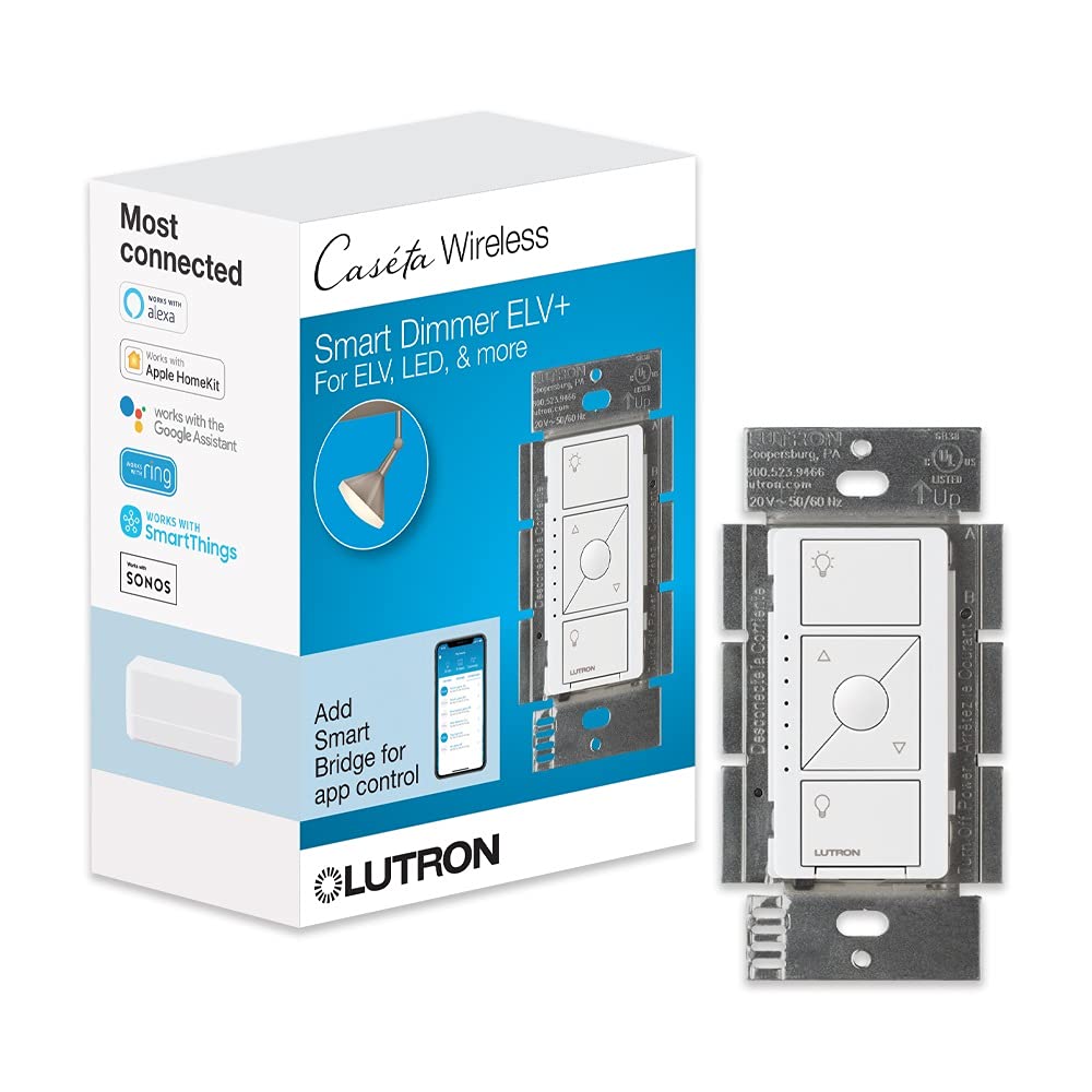 Lutron Caseta Smart Dimmer Switch for ELV+ Bulbs, 250W LED, PD-5NE-WH, White - $75.88