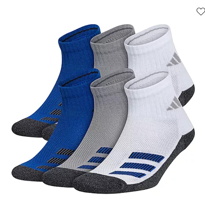 6Pair adidas big boys quarter socks (White/Grey/Blue, Limited Sizes