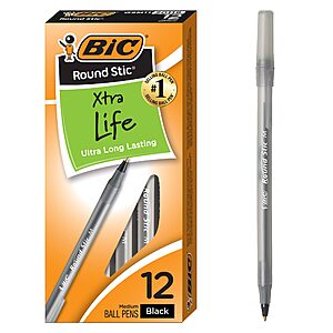 12-Ct BIC Round Stic Xtra Life Ballpoint Pens (Black, Medium Point 1.0mm)