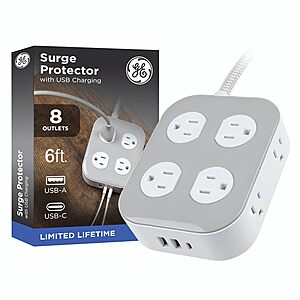 Select Areas: GE 8-Outlet + 3 USB 1500J Surge Protector w/ 6" Flat Plug