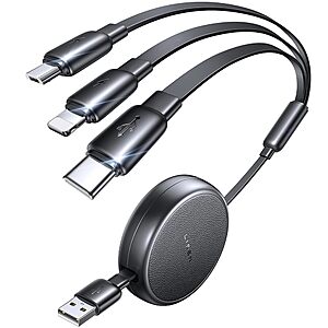 Lisen 3-in-1 USB-C/Lightning/Micro-USB Retractable Charging Cable (Black)