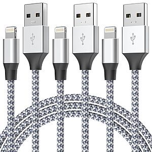 3-Pk Aukelan 6' MFi Certified Nylon Braided Lightning Cable Charging Cord