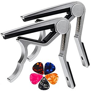 2-Pk Muso Aluminum Alloy Guitar Capo w/ 5 Picks (Silver)