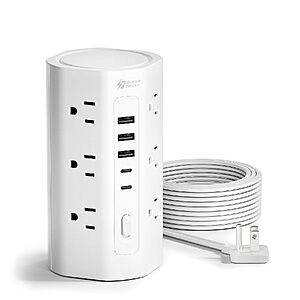 10' 1700J Superdanny Tower Power Strip w/ 12 AC Outlets, 3 USB-A & 2 USB-C Ports