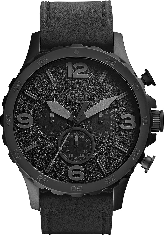 Fossil Men's Nate Quartz Stainless Steel and Leather Chronograph Watch, Color: Black (Model: JR1354) $70.45