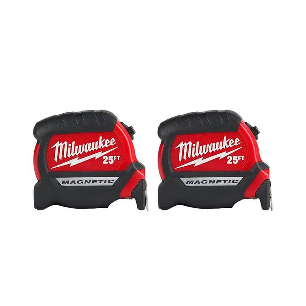 Milwaukee 25 ft. x 1-1/16 in. Compact Magnetic Tape Measure with 15 ft. Reach (2-Pack) 48-22-0325FX - The Home Depot $19.97