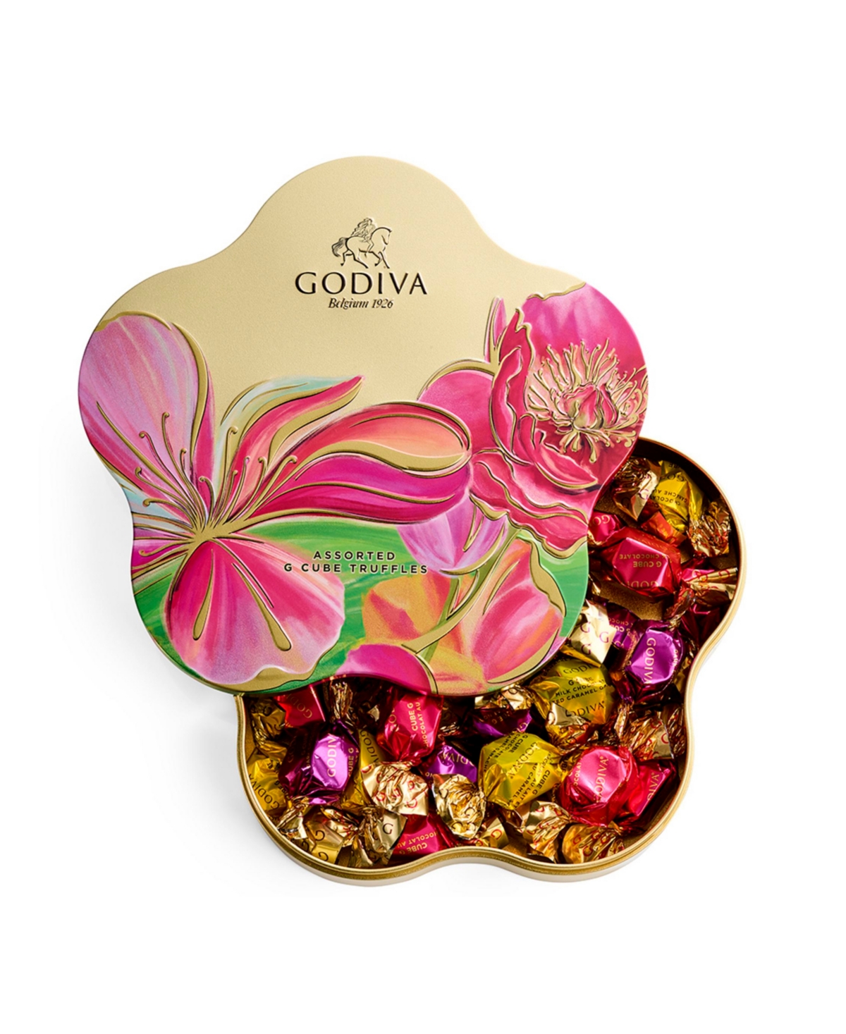 32Pc Godiva Spring Assorted G Cube Chocolate Truffle Flower Tin 19.60