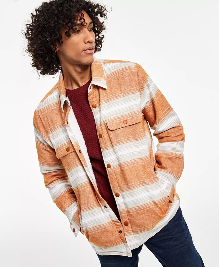 Sun + Stone Men's Kip Regular-Fit Stripe Fleece-Line Flannel Shirt Jacket (Caramel Cafe) $13.95 & More + Free Store Pickup at Macy's or FS on $25+