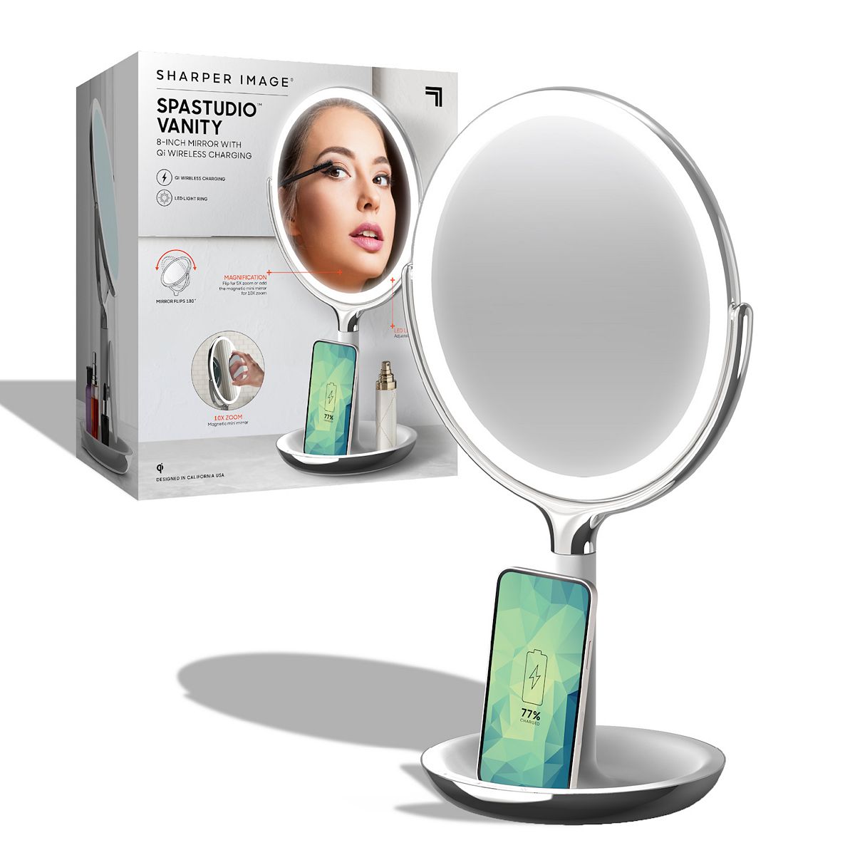 8" Sharper Image SpaStudio Vanity Mirror w/ Qi Wireless Charging (10x