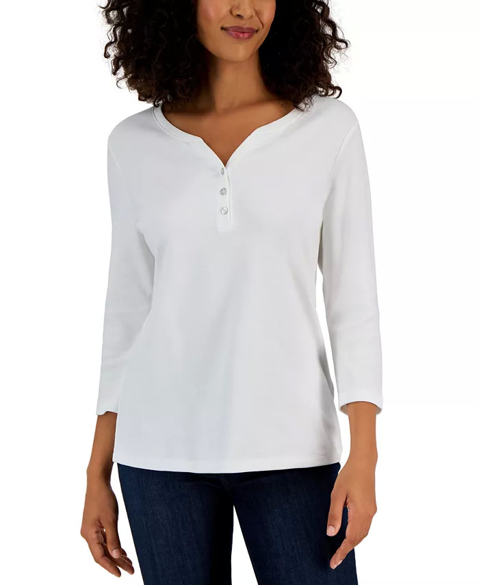 Karen Scott Women's Cotton Henley V-Neck Top (3 Colors) $6 + Free Store Pickup at Macy's or Free Shipping on $25+