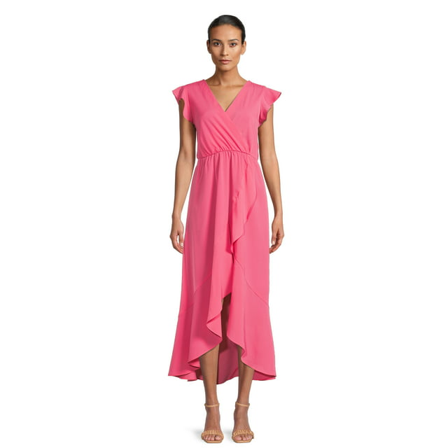 Nine-Eight Women's Flutter Sleeve Faux Wrap Maxi Dress $10.82 (Hot Pink ...