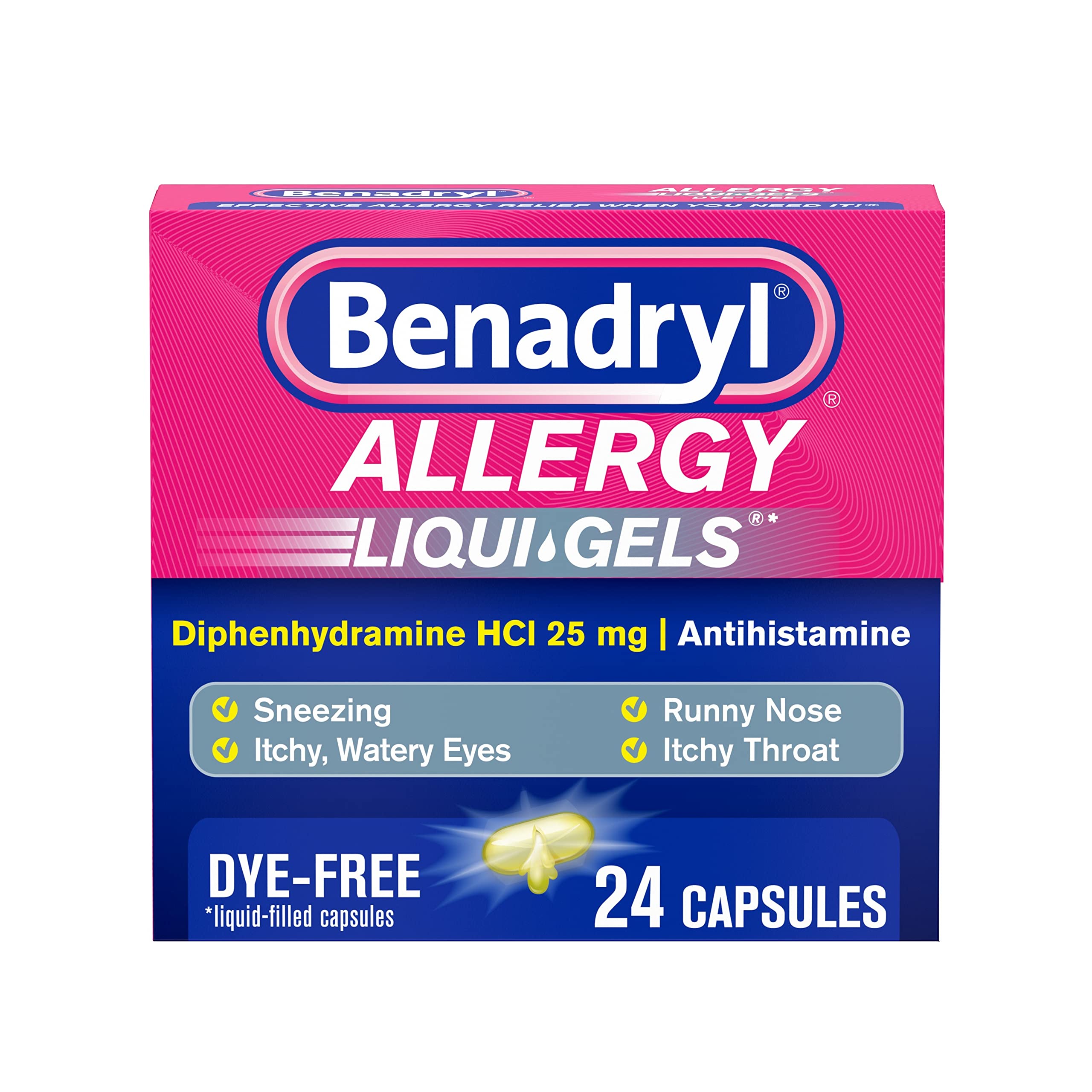24-Count Benadryl Liqui-Gels Antihistamine Allergy Medicine & Cold Relief (Dye Free) $4.59 w/ S&S + Free Shipping w/ Prime or on $35+