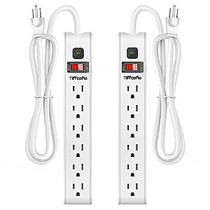 2-Pack 6-Outlet Tiffcofio Power Strip Extension Cord (White, 4 Feet)
