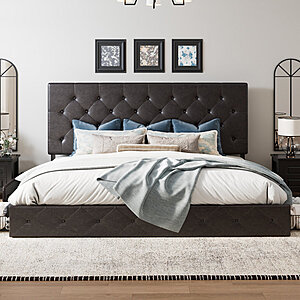 Mercury Row Silvester Upholstered Platform Storage Bed w/ Built-In Storage Drawers (Queen, Brown) $244.99 + Free Shipping