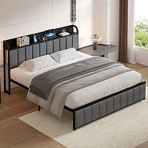 Vecelo Storage Upholstered Headboard Platform Bed Frame w/ Charging Station (Queen, Dark Grey) $94.15 + Free Shipping