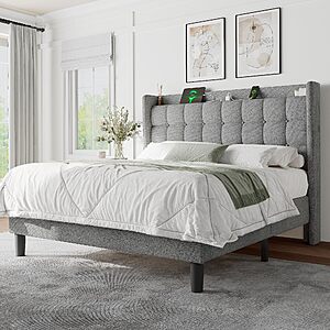 Feonase Upholstered Platform Bed Frame w/ Charging Station (Full Size, Light Gray) $96.99 + Free Shipping