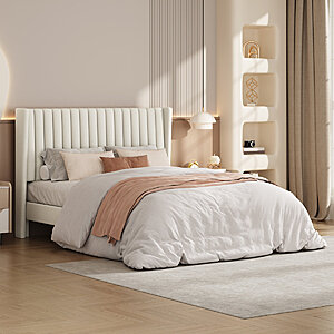 Latitude Run Upholstered Bed Frame with Wing Side (Queen, Ivory) $123.99 + Free Shipping