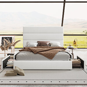 Mercer41 Platform Storage Bed w/ Wooden Slats & Velvet Upholstered Headboard (Queen, White) $229.99 + Free Shipping