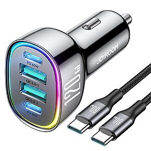 3.3' 120W JOYROOM Dual USB-C PD & USB-A QC 3.0 Cigarette Lighter Car Charger $10 