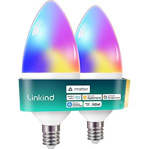 2-Pk Linkind Matter E12 Candelabra Smart 470LM RGB LED Bulbs